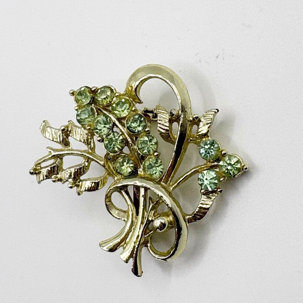 Vintage Brooch Jewelry Floral Flower Bouquet Ribbon Gold Tone Green Crystals